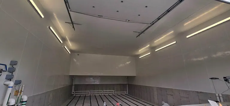 A large hall lit by suspended linear LED fixtures on a clean run.